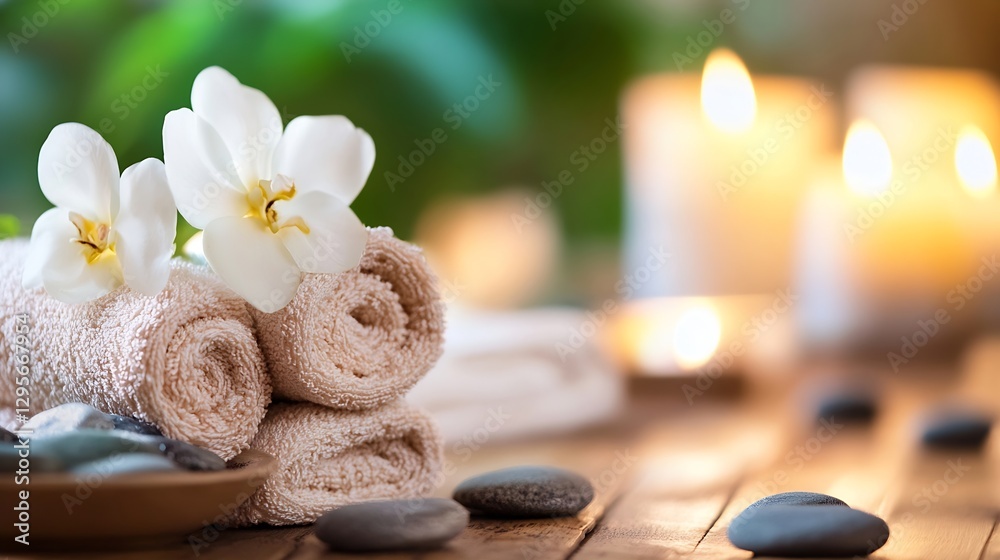 Poster beautiful spa setting with rolled towels and flowers on wooden table : generative ai