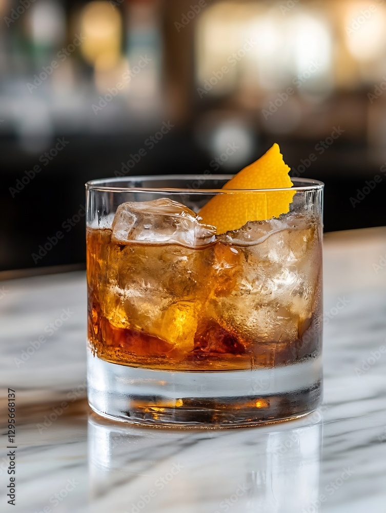Poster classic cocktail glass with refreshing drink and garnish on bar counter : generative ai