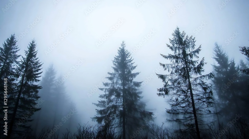 Poster eerie foggy forest with tall pine trees shrouded in mist : generative ai