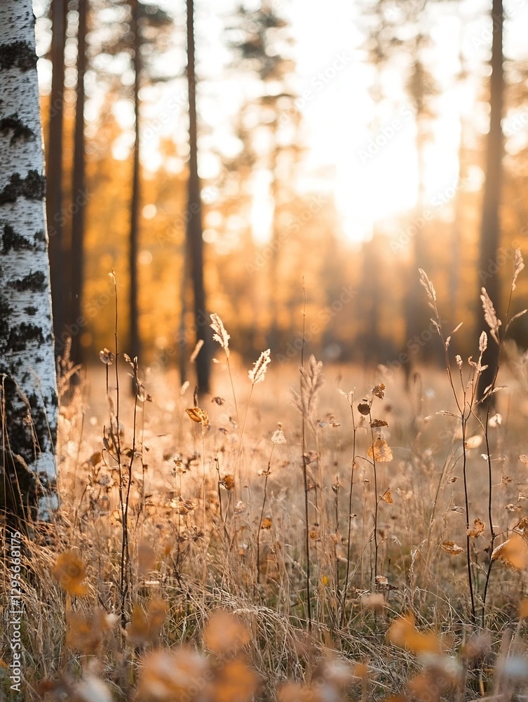 Poster beautiful golden light shines through trees in a tranquil autumn forest scene : generative ai