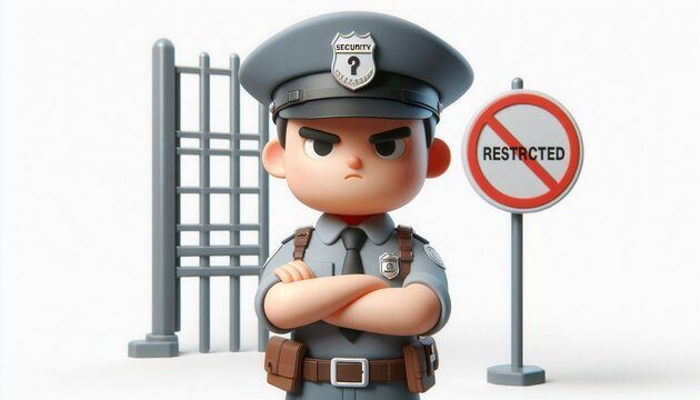 Security officer standing guard at restricted area sign cartoon style digital illustration