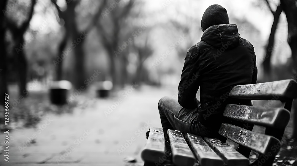 Poster lonely figure seated on park bench surrounded by trees in black and white atmosphere evoking solitud