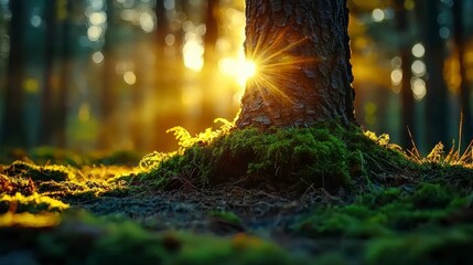 Golden Hour Sunlight Through Forest Illuminating Mossy Tree Base