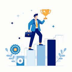 Obraz premium Businessman celebrating career growth and professional success while standing on top of bar chart