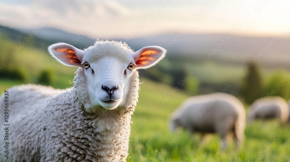 Poster charming young lamb with fluffy wool gazes at the camera on a green pasture in soft evening light : 