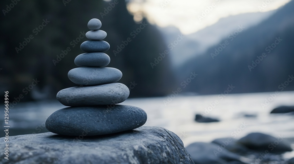 Poster classic stacked stones with a serene backdrop of mountains and water promoting calmness and peace : 