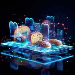 This striking image features bread products presented in a holographic display, merging traditional food with modern technology for a captivating visual experience.