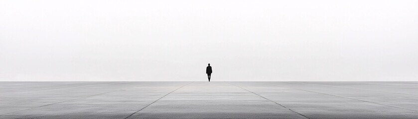 lone figure walking on an empty bridge, wide-angle shot, vast negative space, poetic solitude, soft natural tones, peaceful atmosphere, contemporary photography, visual storytelling, serene