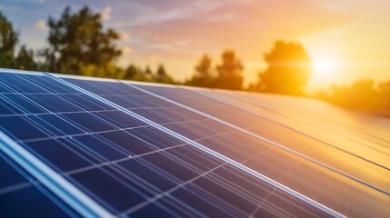 Modern Solar Panels Catching Golden Sunset Light with Lush Green Trees in the Background : Generative AI