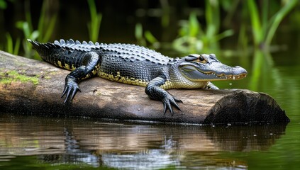 Majestic Alligator Relaxing on a Log in Serene Wetland Environment Surrounded by Lush Greenery and Calm Water Reflection