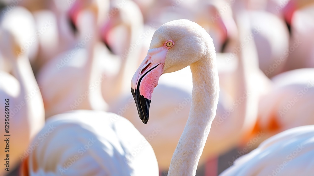 Poster Gorgeous close up of elegant flamingo with vivid colors surrounded by a flock in a natural setting : Generative AI