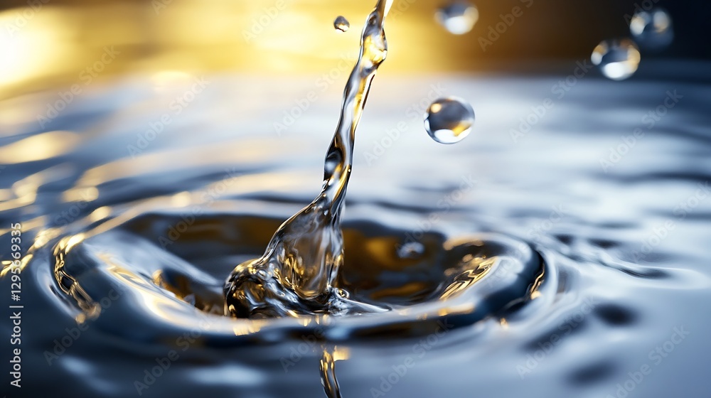 Fototapete closeup of water droplets creating ripples in a serene pool with golden reflections : generative ai