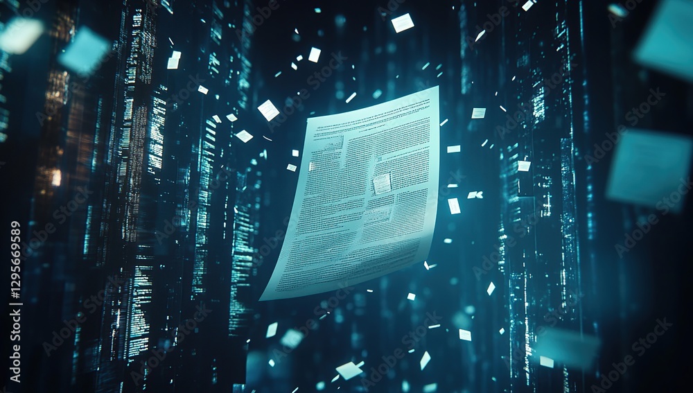 Poster abstract digital document floating in a cyberpunk data stream