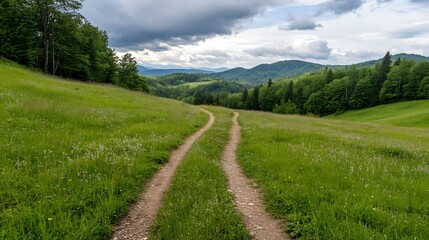 Serene country path winding through lush green fields and rolling hills under an expansive sky : Generative AI