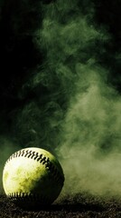 Softball resting on dirt with smoke background. Possible use Sports photography