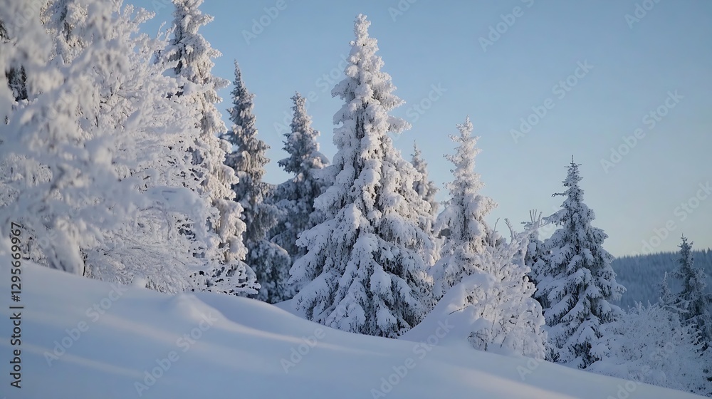 Poster serene winter scene with snowy evergreen trees and soft blue sky in frosty wilderness : generative a