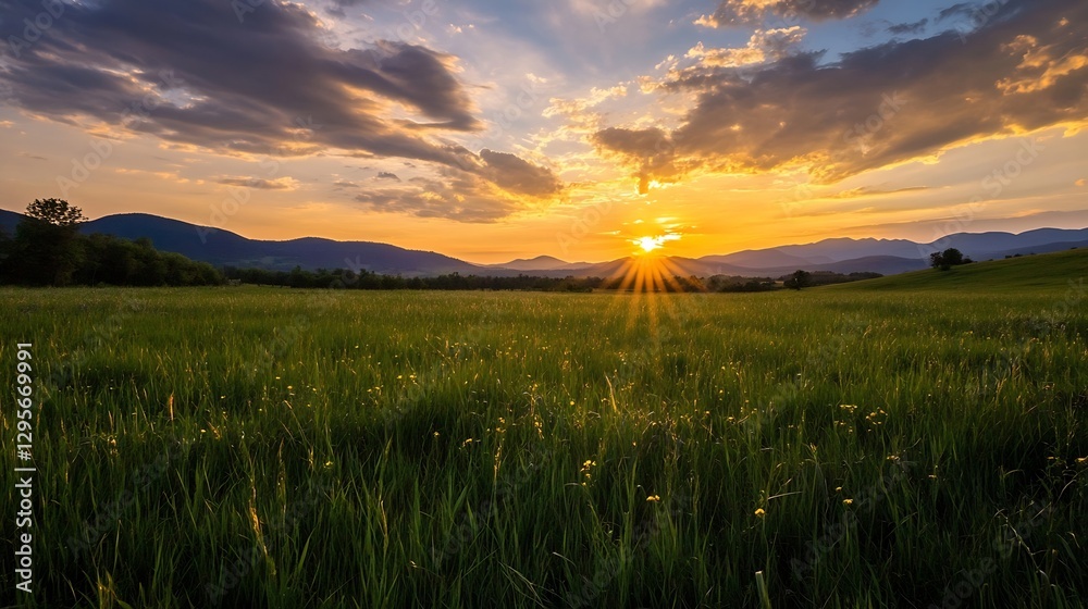 Poster majestic sunset over green fields with rolling hills creating a stunning landscape of nature : gener