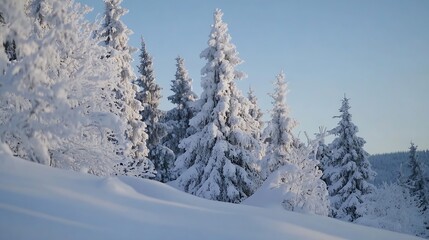 Naklejka premium Serene Winter Scene with Snowy Evergreen Trees and Soft Blue Sky in Frosty Wilderness : Generative AI