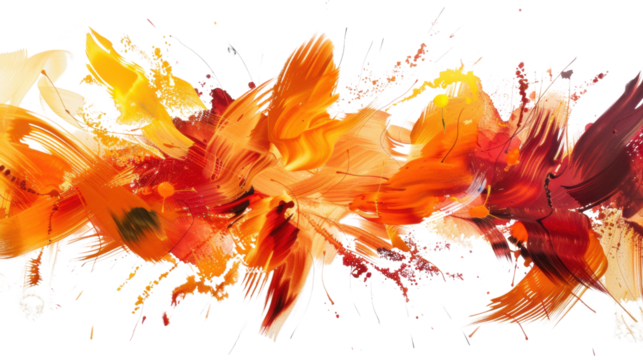Abstract brushstrokes creating dynamic orange and red painting on transparent background