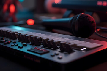 Musical keyboard and microphone placed in the recording studio. to create music