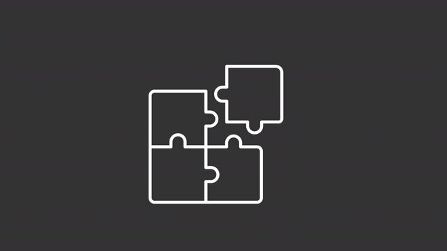Incompatibility white line animation. Puzzle solving animated icon. Moving pieces. Problem solving, thinking. Isolated illustration on dark background. Transition alpha video. Motion graphic