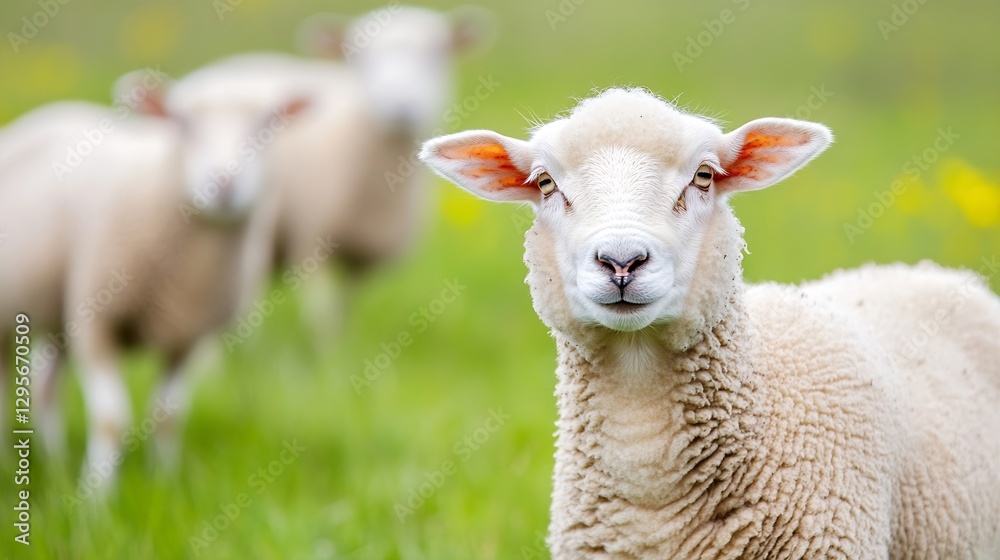 Poster close-up portrait of an adorable sheep in a green pasture : generative ai