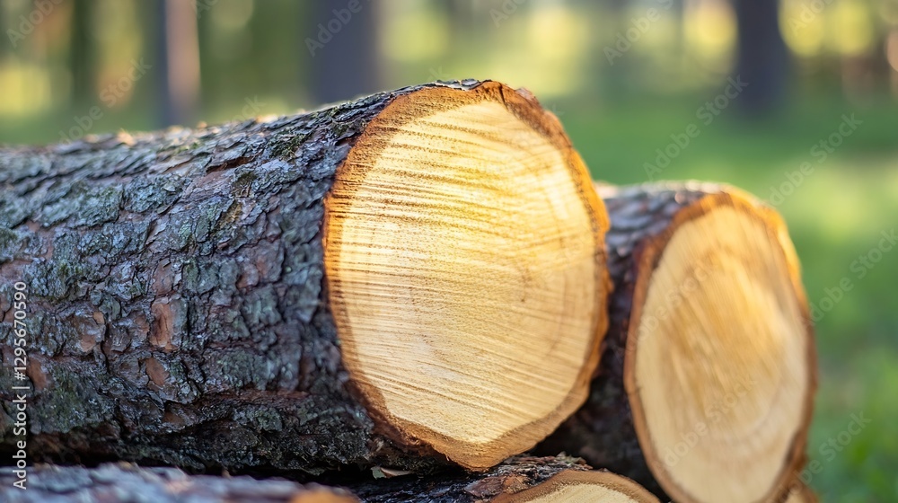 Poster Close-Up of Freshly Cut Tree Logs Stacked Neatly in a Sunlit Forest Setting Capturing Natural Texture : Generative AI