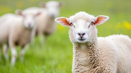 Obraz premium Close-Up Portrait of an Adorable Sheep in a Green Pasture : Generative AI