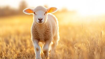 Obraz premium Cute Lamb with Fluffy Wool Walking in a Golden Meadow Under Bright Sunlight : Generative AI