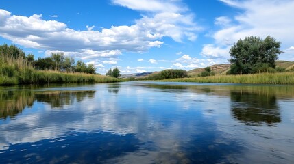Fototapeta premium Peaceful river reflecting clouds and trees under a clear blue sky : Generative AI