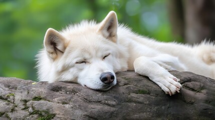 Gentle White Arctic Wolf Resting Peacefully on a Rock in Nature : Generative AI