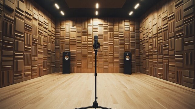 empty recording space, professional microphone setup, soundproof wall treatment, light timber floor, studio interior design, clean composition, technical precision, architectural lighting, pristine