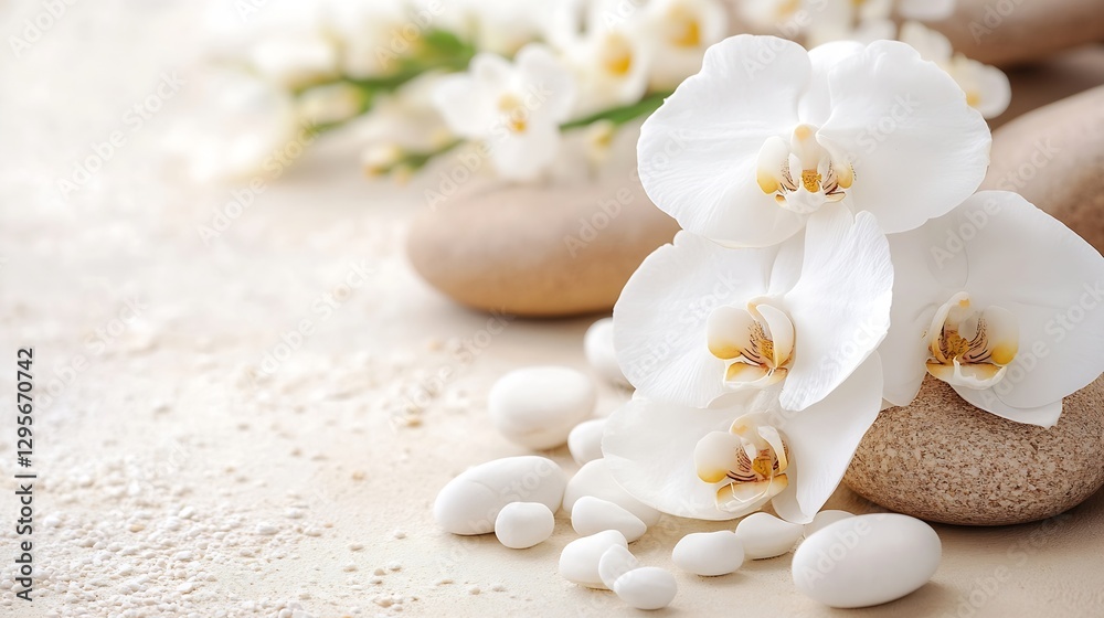 Poster Elegant Arrangement of White Orchids with Smooth Stones and Tranquil Background : Generative AI