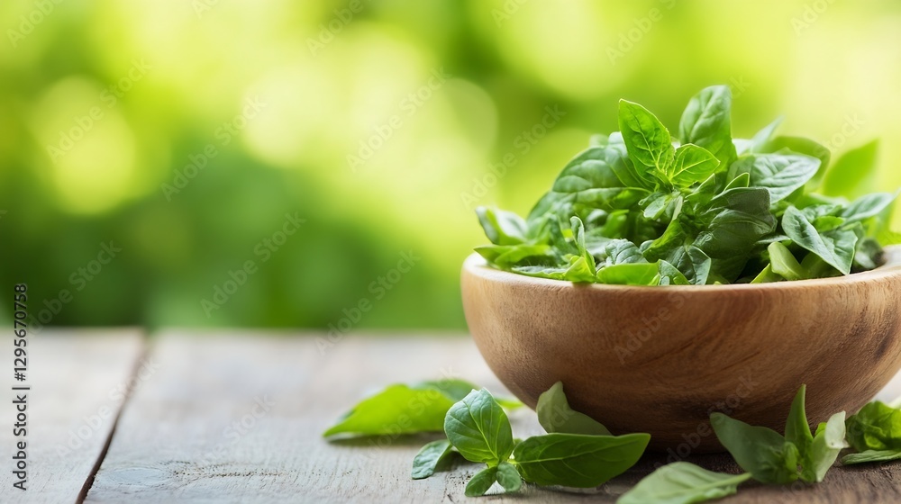 Poster freshly harvested basil and herbs in wooden bowl on rustic table with blurred green background : gen