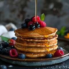 Stacked Protein Pancakes Drizzled with Honey and Berries