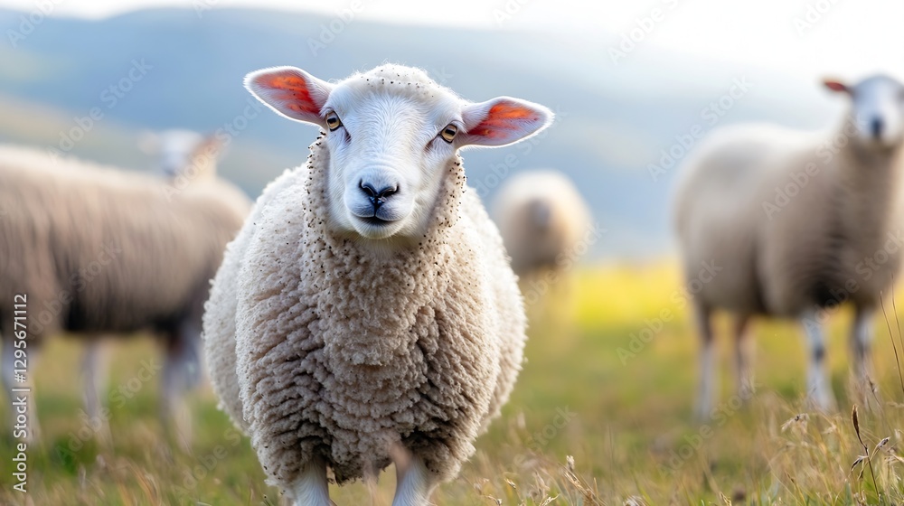 Poster curious sheep in pastoral landscape grazing in the meadow with gentle hills in background : generati