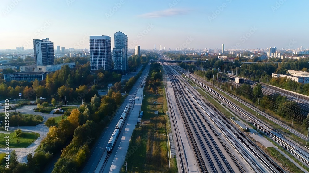 Poster aerial view of expansive railway tracks running through a vibrant urban landscape : generative ai