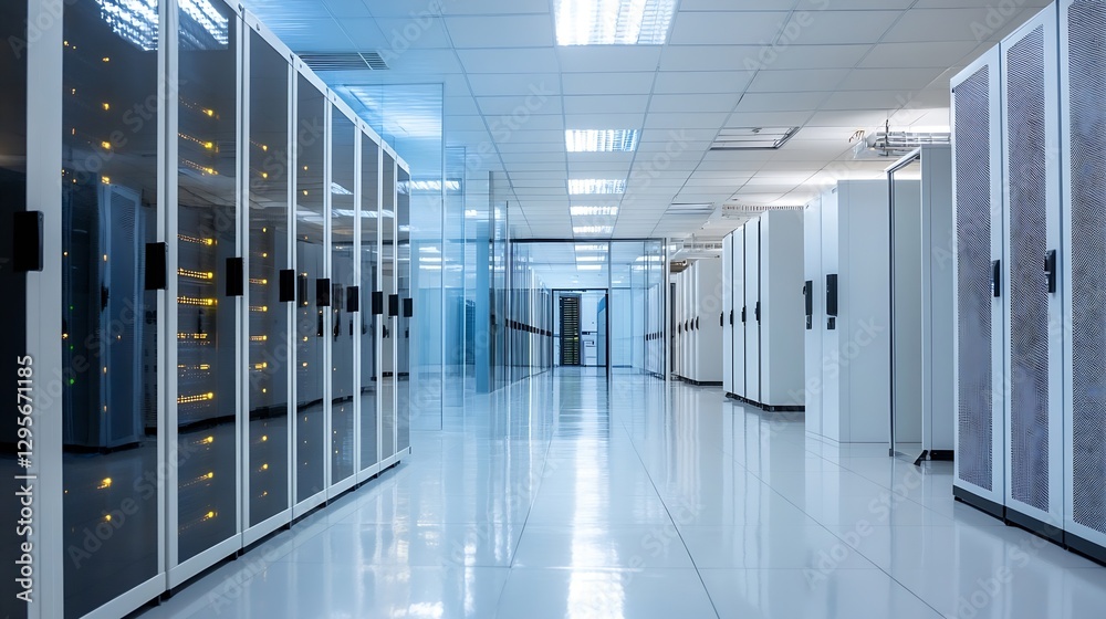 Poster Modern Data Center Interior Featuring Rows of Server Racks and Cables : Generative AI