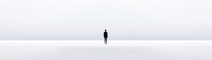 Obraz premium lone figure standing on a deserted beach, vast negative space, moody and contemplative, soft natural tones, cinematic simplicity, peaceful atmosphere, deep storytelling, visual balance, elegant