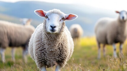 Obraz premium Curious Sheep in Pastoral Landscape Grazing in the Meadow with Gentle Hills in Background : Generative AI