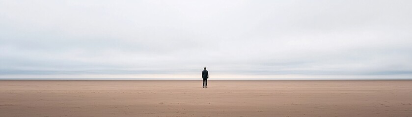 lone figure standing on a deserted beach, vast negative space, moody and contemplative, soft natural tones, cinematic simplicity, peaceful atmosphere, deep storytelling, visual balance, elegant
