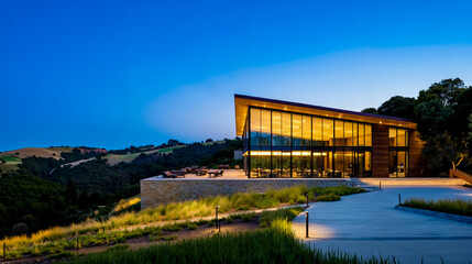Fototapeta premium A large glass building with a walkway leading to it at dusk