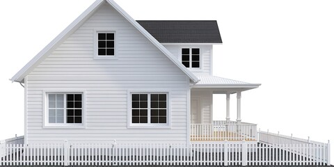 A white house with a white picket fence and a white porch. Anime background 