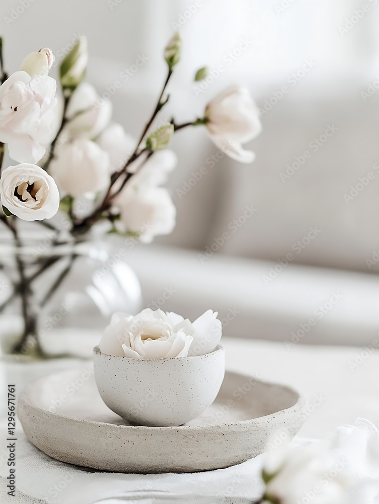 Poster aesthetic arrangement of delicate white flowers in a simple ceramic bowl placed on a soft table clot