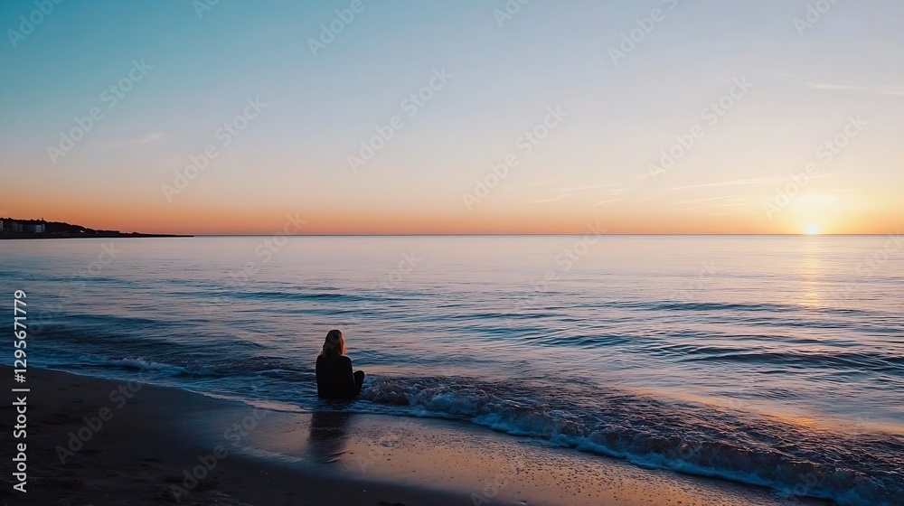 Poster tranquil sunset scene with person seated by calm ocean waves at dusk : generative ai