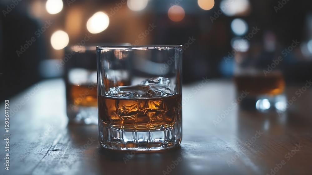 Poster Whiskey Glasses with Ice Cubes on Table in a Cozy Bar Setting for Relaxation : Generative AI