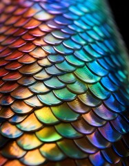 Obraz premium A close-up of iridescent fish scales, revealing the microscopic layers that shift in color, showcasing the vibrant, reflective beauty of the scales.