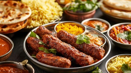 Fototapeta premium Delicious Indian cuisine featuring seekh kebab, rice, naan, and various curries. A flavorful and aromatic culinary experience.