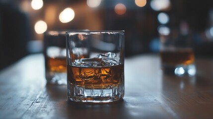 Whiskey Glasses with Ice Cubes on Table in a Cozy Bar Setting for Relaxation : Generative AI