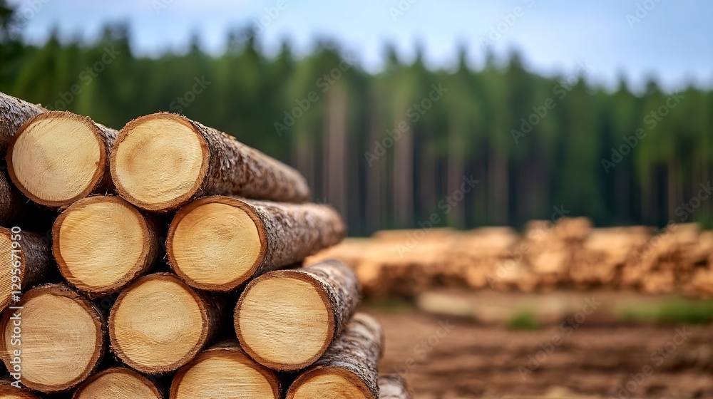 Poster Stacked Logs Ready for Transport in a Lush Forest Setting Surrounded by Tall Trees : Generative AI